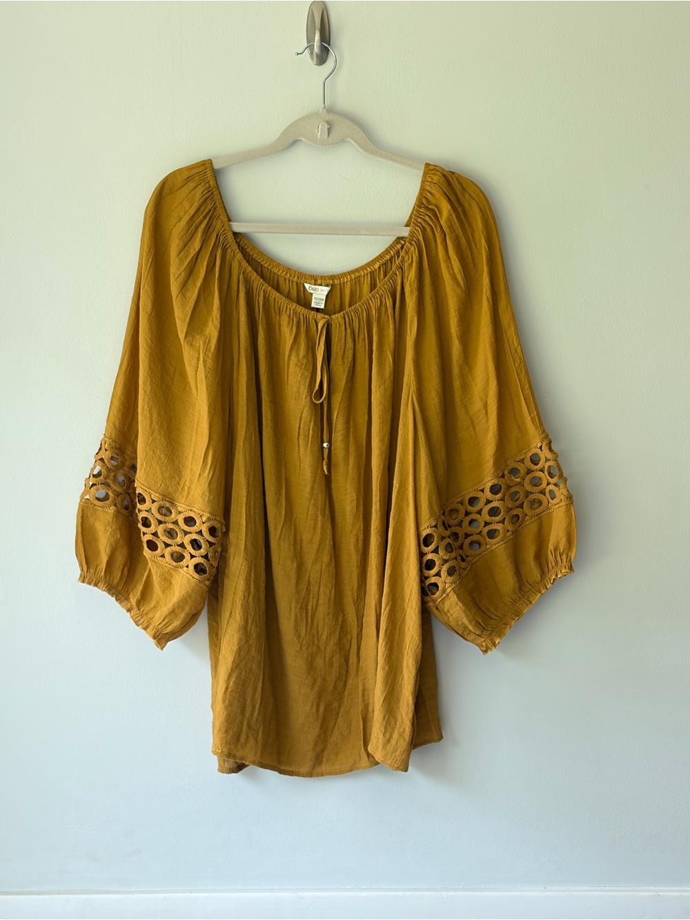 Cato Mustard Eyelet-Sleeve Peasant Tunic